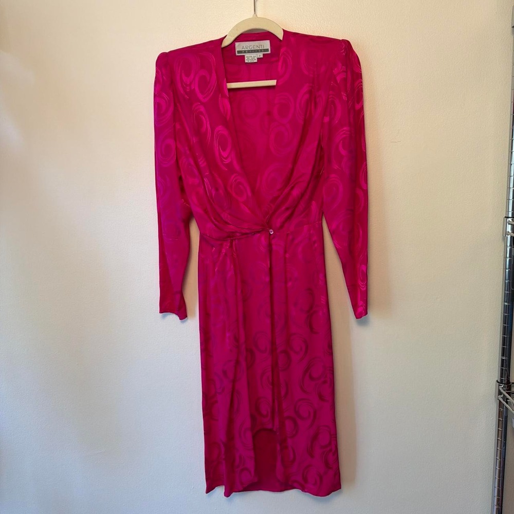 Argenti Petites Vintage 80s Silk Pink Midi Dress Long Sleeve Magenta 2 XS